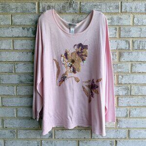 Victor Costa Occasion Long Sleeve Scoop Neck Floral Sequins Pink Sweater Size 2X
